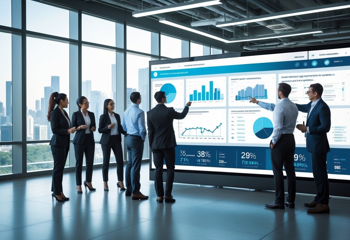 Des professionnels en réunion autour d'une table numérique affichant des graphiques et des données, dans un bureau moderne avec une vue sur la ville.