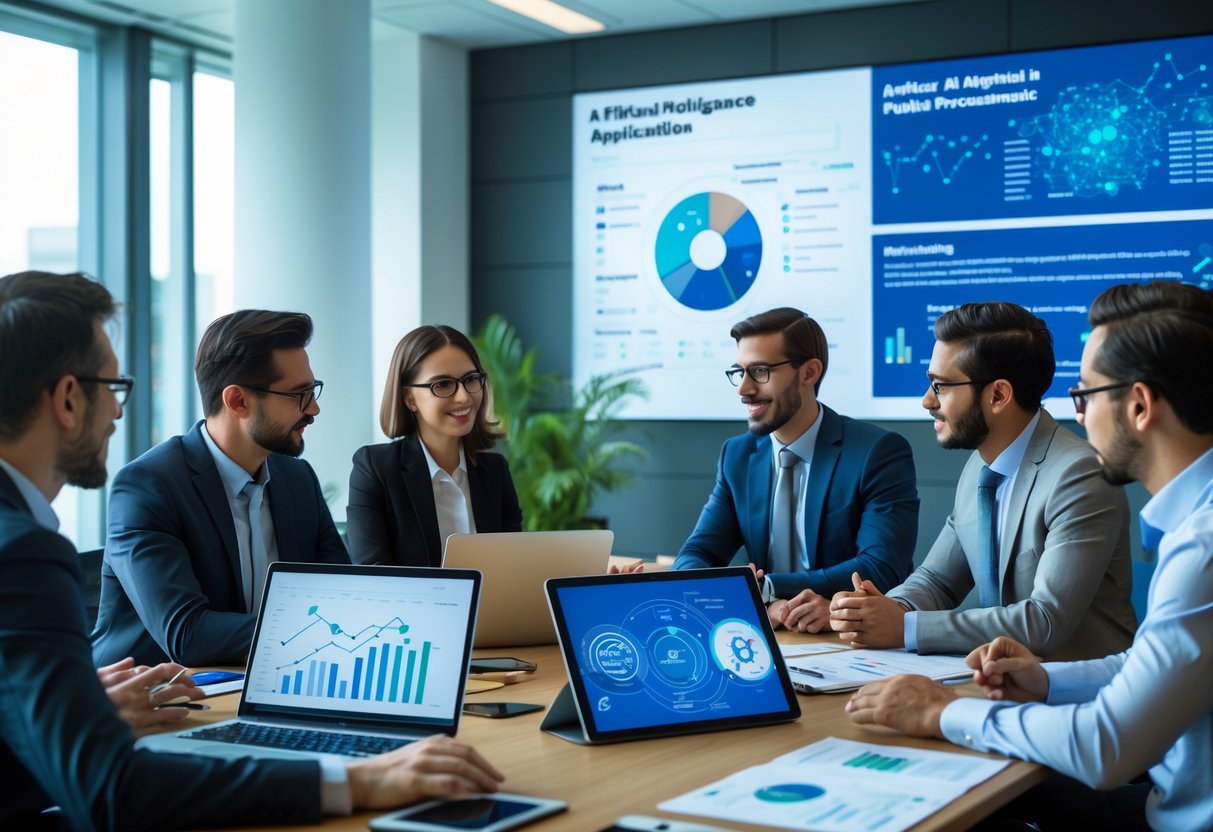 Un groupe de professionnels en réunion dans un bureau moderne, discutant autour d'une table avec des ordinateurs portables et des graphiques à l'écran.