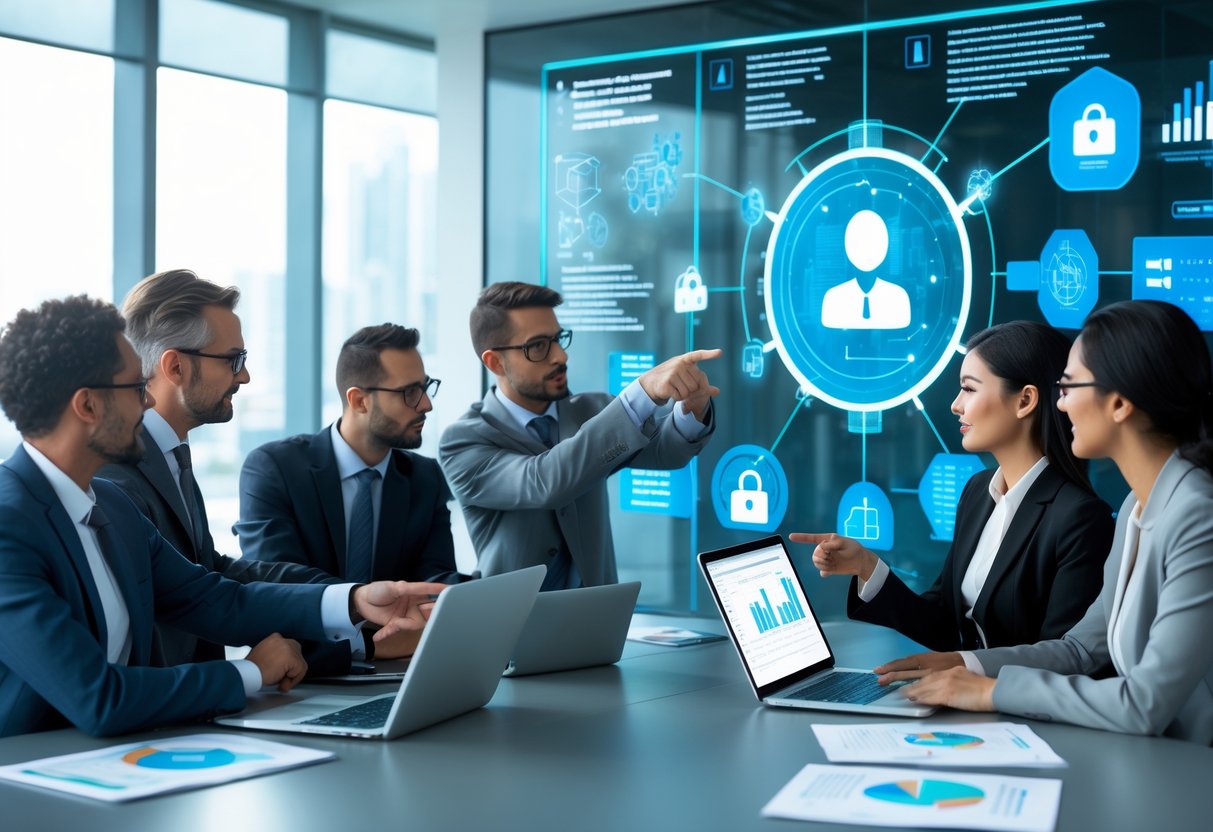 Des professionnels en réunion dans un bureau moderne, discutant autour d'une table avec des ordinateurs et des graphiques liés à l'intelligence artificielle.