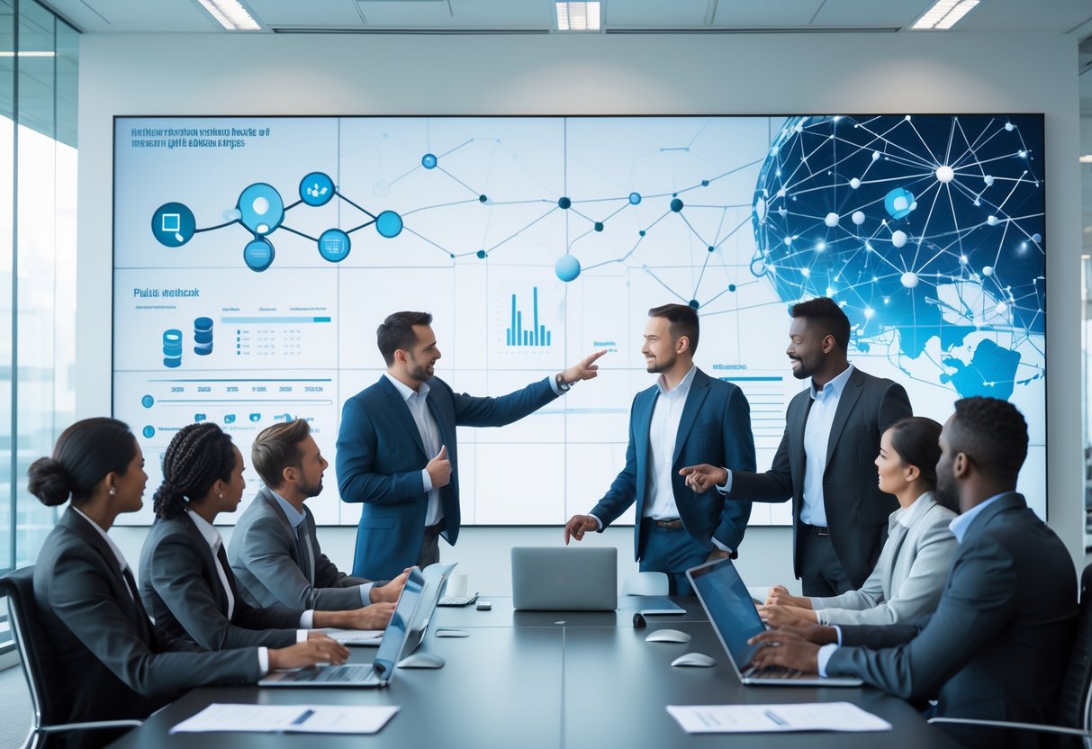 Un groupe de professionnels en réunion dans un bureau moderne, discutant autour d'une table avec des ordinateurs et un écran affichant des graphiques liés à l'intelligence artificielle et aux marchés publics.