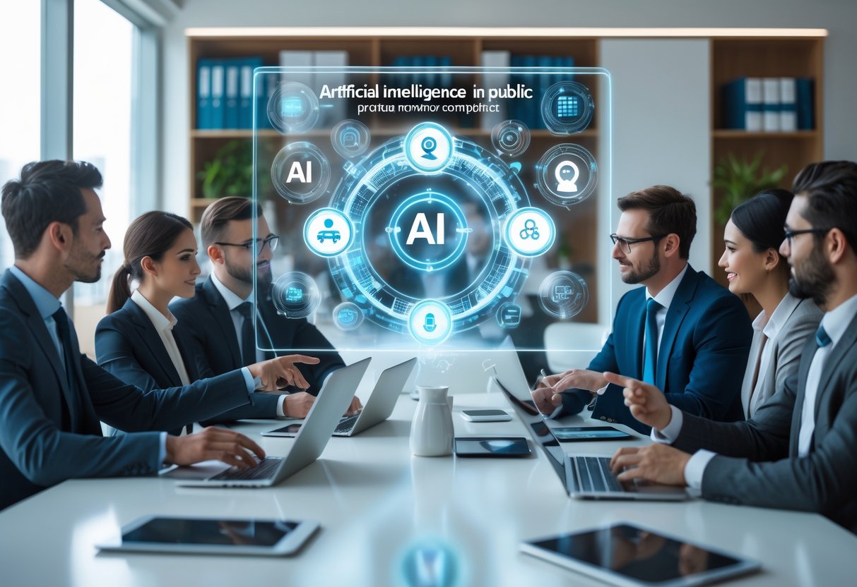 Des professionnels en réunion autour d'une table de conférence discutant d'applications de l'intelligence artificielle dans les marchés publics, avec des ordinateurs portables et des graphiques numériques.