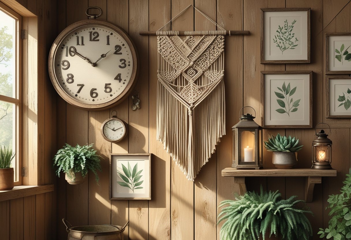 A wooden wall decorated with a vintage clock, woven wall hanging, framed botanical prints, and shelves with plants and lanterns in a cozy room.