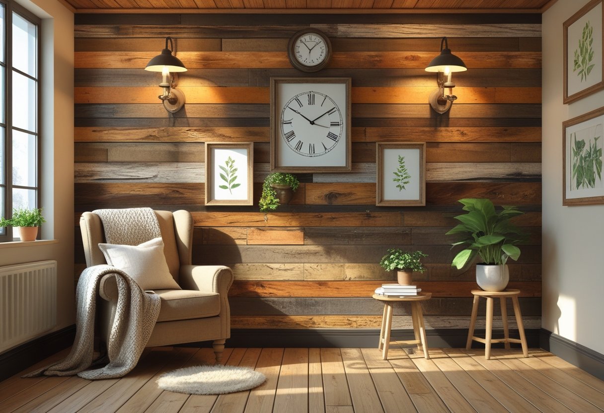 A cozy room with a wooden feature wall decorated with framed botanical prints, metal sconces, and a large clock, alongside an armchair and a small side table with a plant.