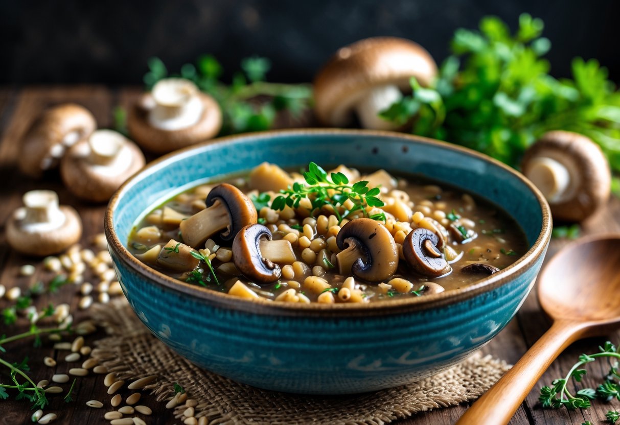 A bowl of mushroom and barley stew on a wooden table with fresh mushrooms and herbs nearby.