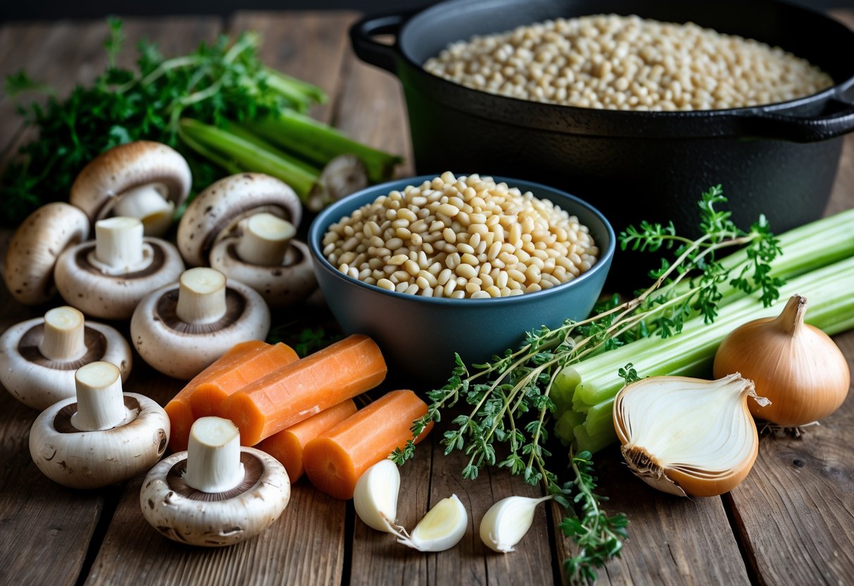 Fresh mushrooms, pearl barley, chopped vegetables, herbs, and garlic arranged on a wooden table with a cast iron pot in the background.