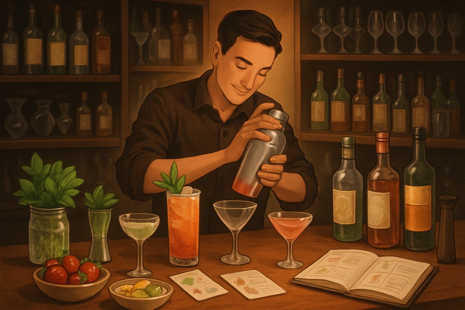 A bartender preparing a colorful cocktail at a well-organized bar counter with bottles, fresh ingredients, and bar tools.