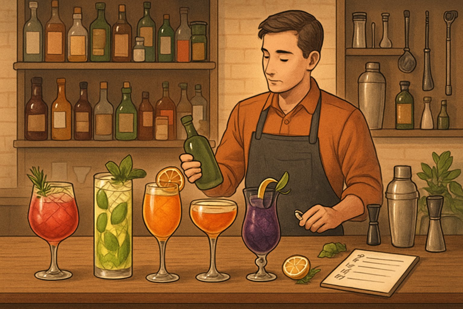 A bartender arranging colorful signature cocktails and bar tools on a well-organized bar counter with shelves of bottles in the background.