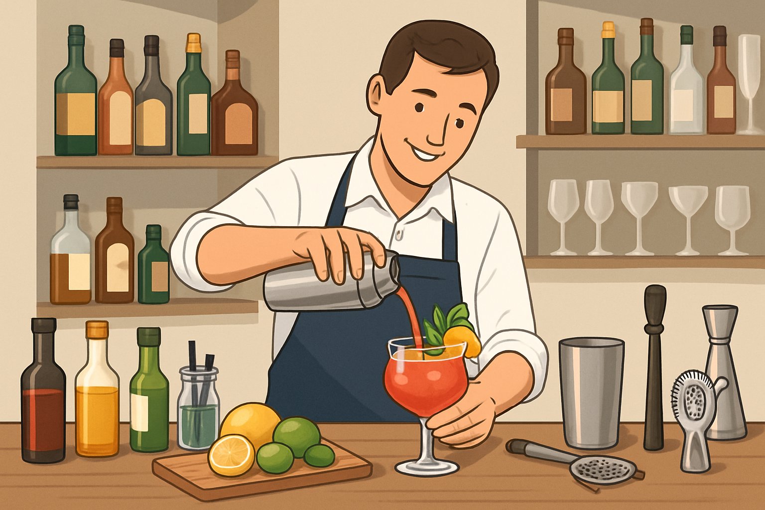 A bartender preparing a colorful cocktail at a neatly organized bar counter with bottles, fresh fruits, and bar tools.