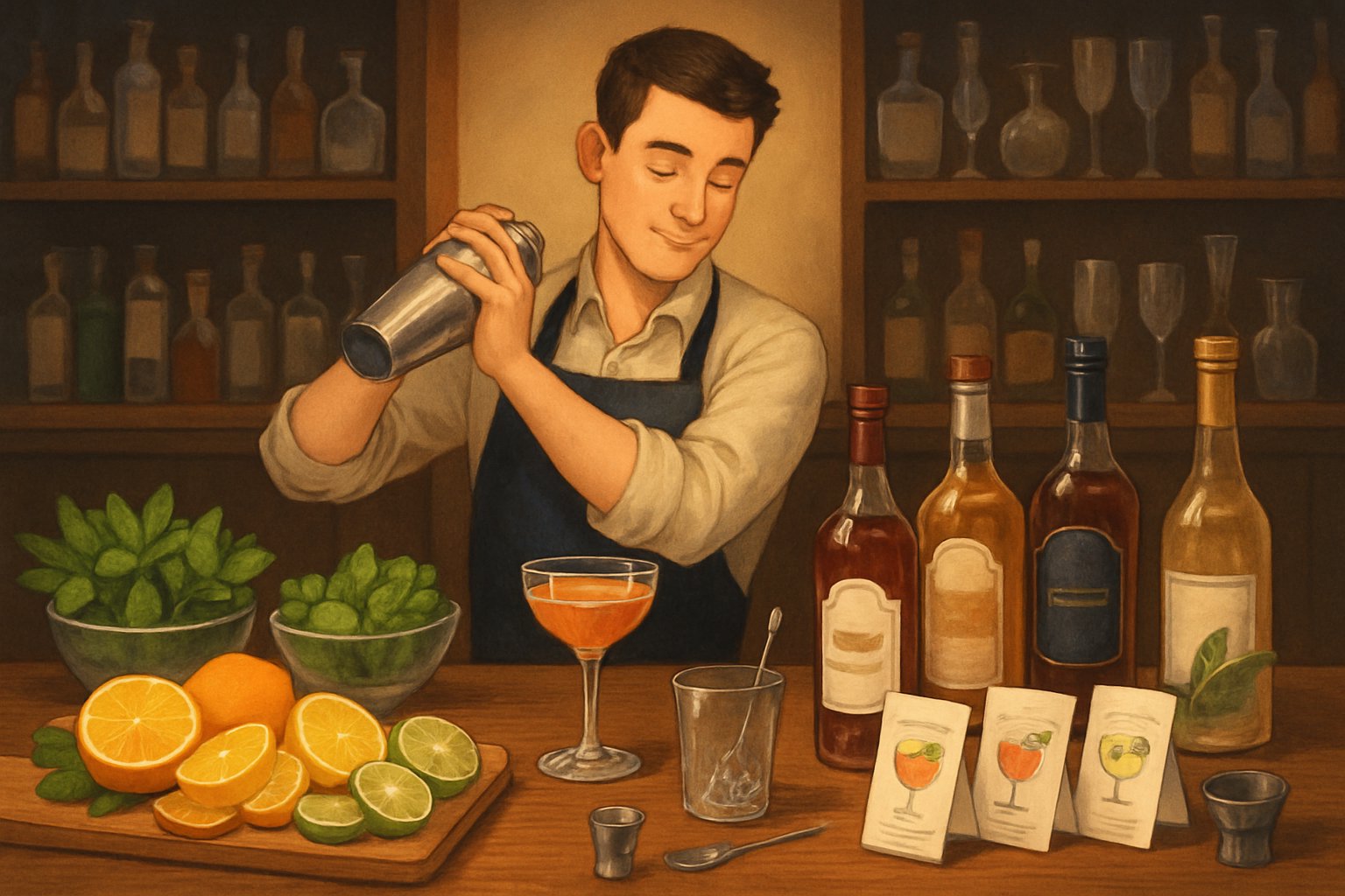 A bartender preparing a colorful cocktail at a neatly arranged bar with various ingredients and tools.