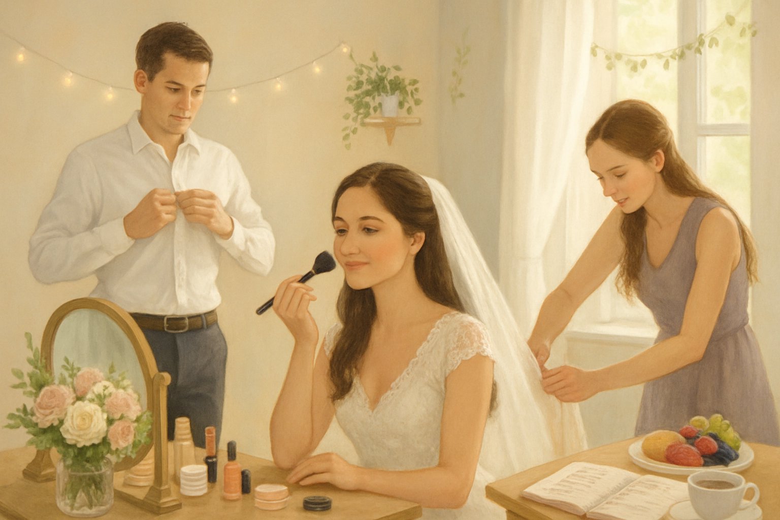 A bride and groom calmly getting ready for their wedding morning in a bright, tidy room with a bridesmaid helping and a table with breakfast and a wedding planner.