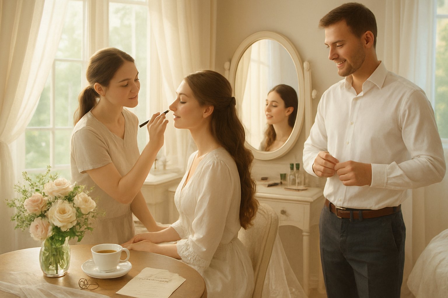 A couple preparing for their wedding morning in a bright room with natural light, the bride having makeup applied and the groom buttoning his shirt, surrounded by wedding accessories.