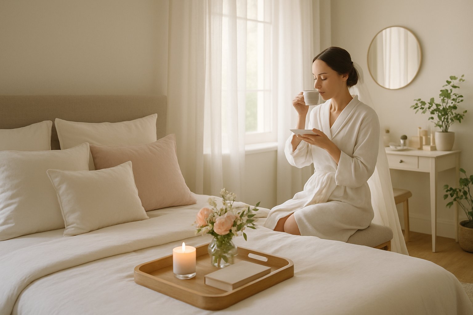 A calm bedroom with soft natural light, a bride in a robe sitting by a window sipping tea, a neatly made bed, fresh flowers, and a tidy vanity.