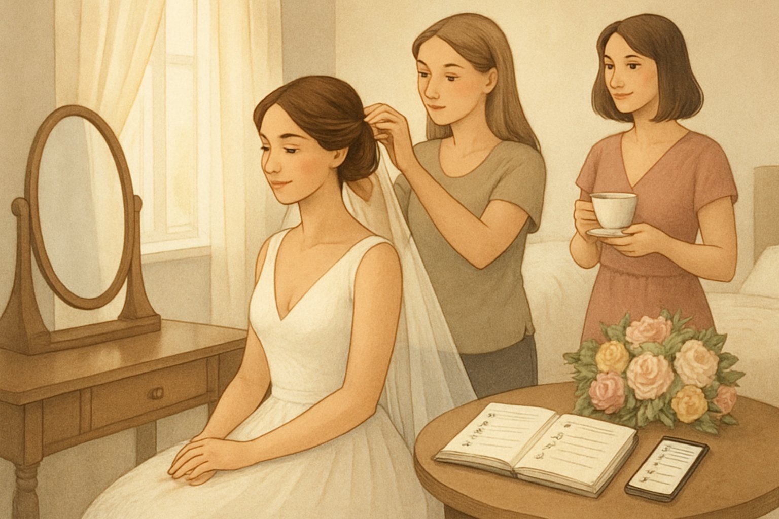 A bride sitting at a vanity having her hair styled, with a bridesmaid nearby holding a cup of tea, in a softly lit bedroom with a planner and flowers on a table.