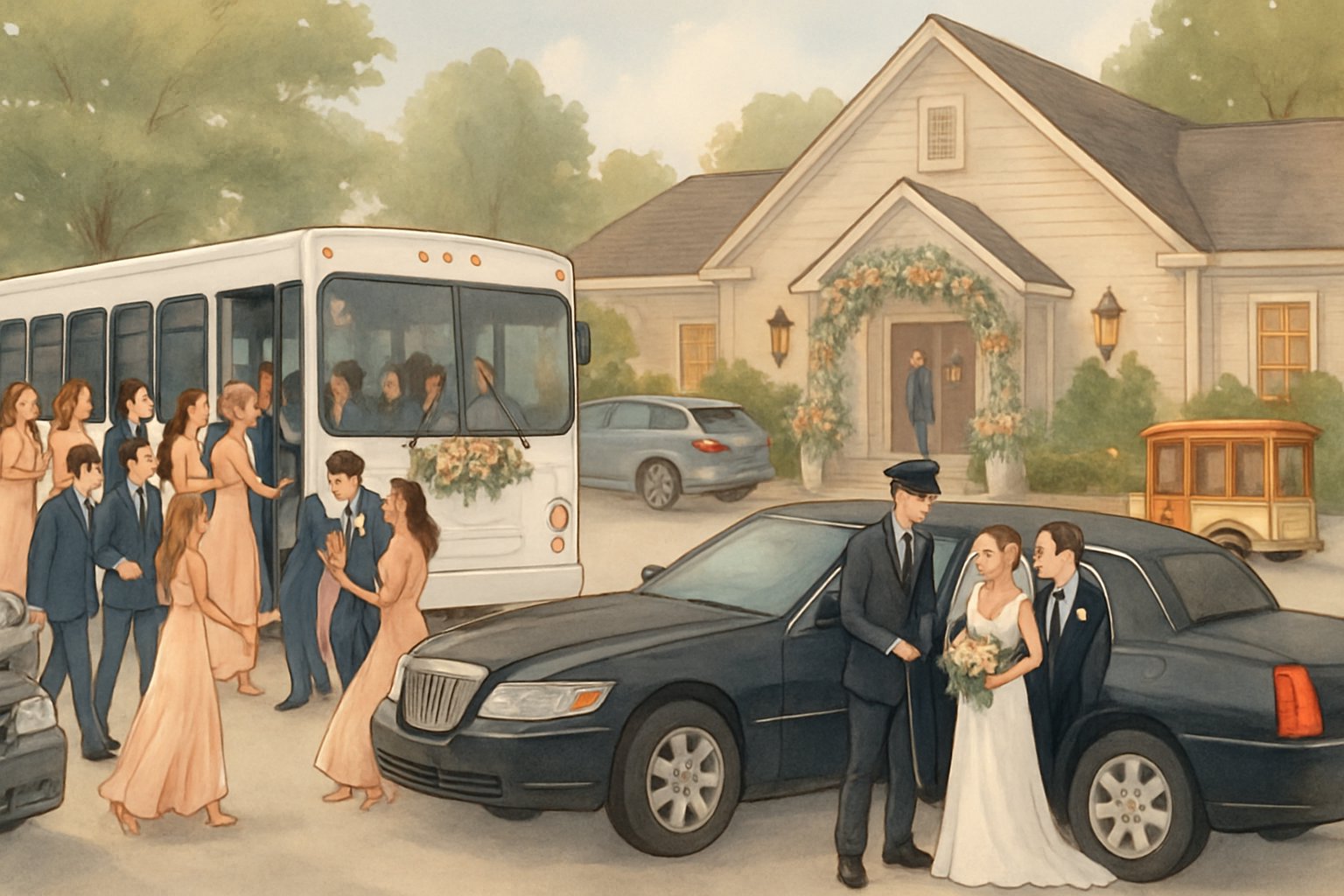 A wedding party and guests boarding decorated vehicles including a shuttle bus and limousine outside a wedding venue.