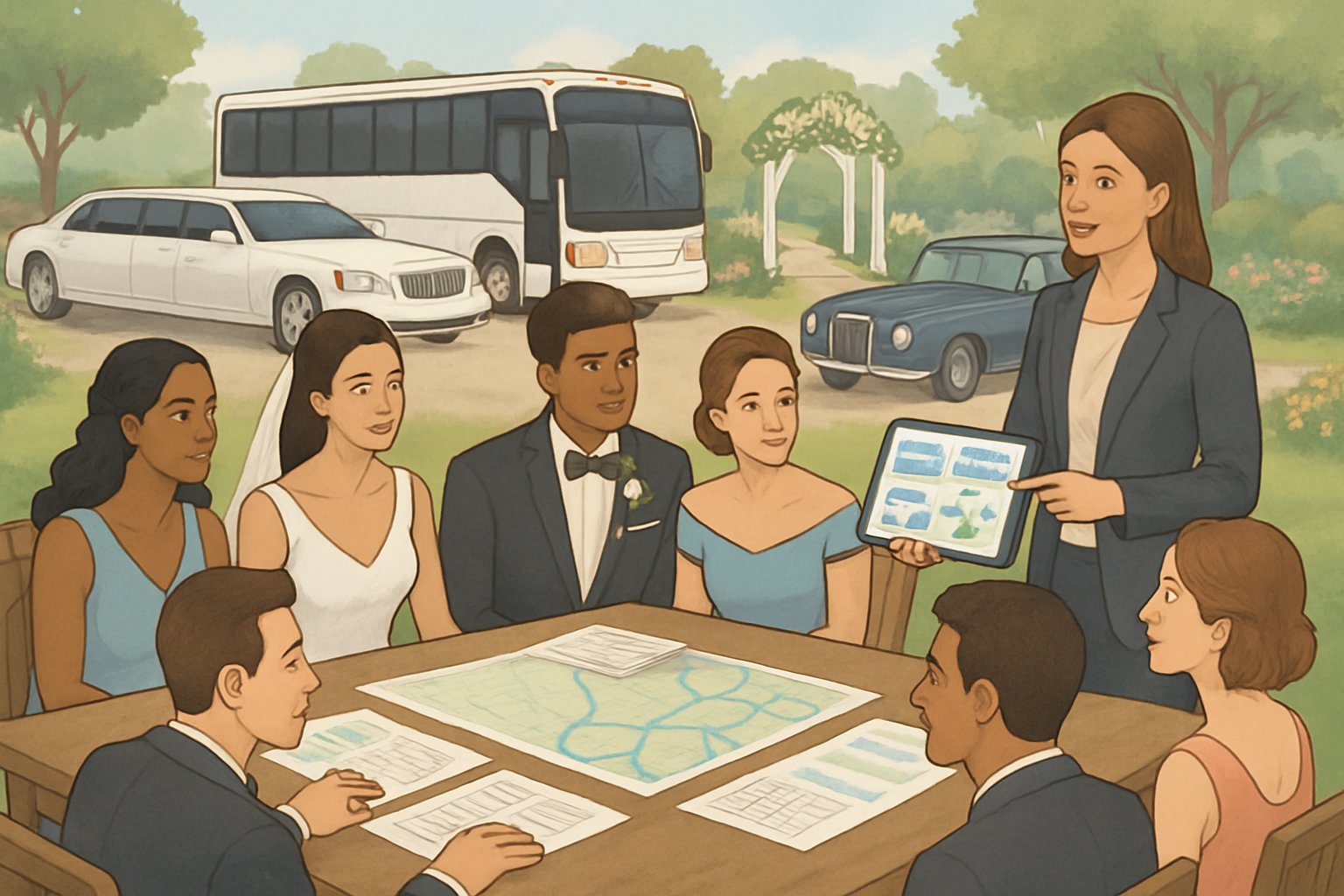 People planning transportation for a bridal party and guests with maps and vehicles nearby at a wedding venue.