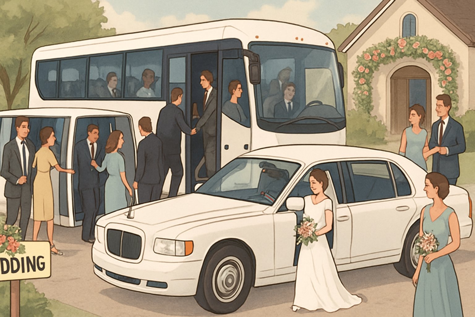Bridal party and guests boarding wedding vehicles outside a decorated venue while a coordinator guides them.