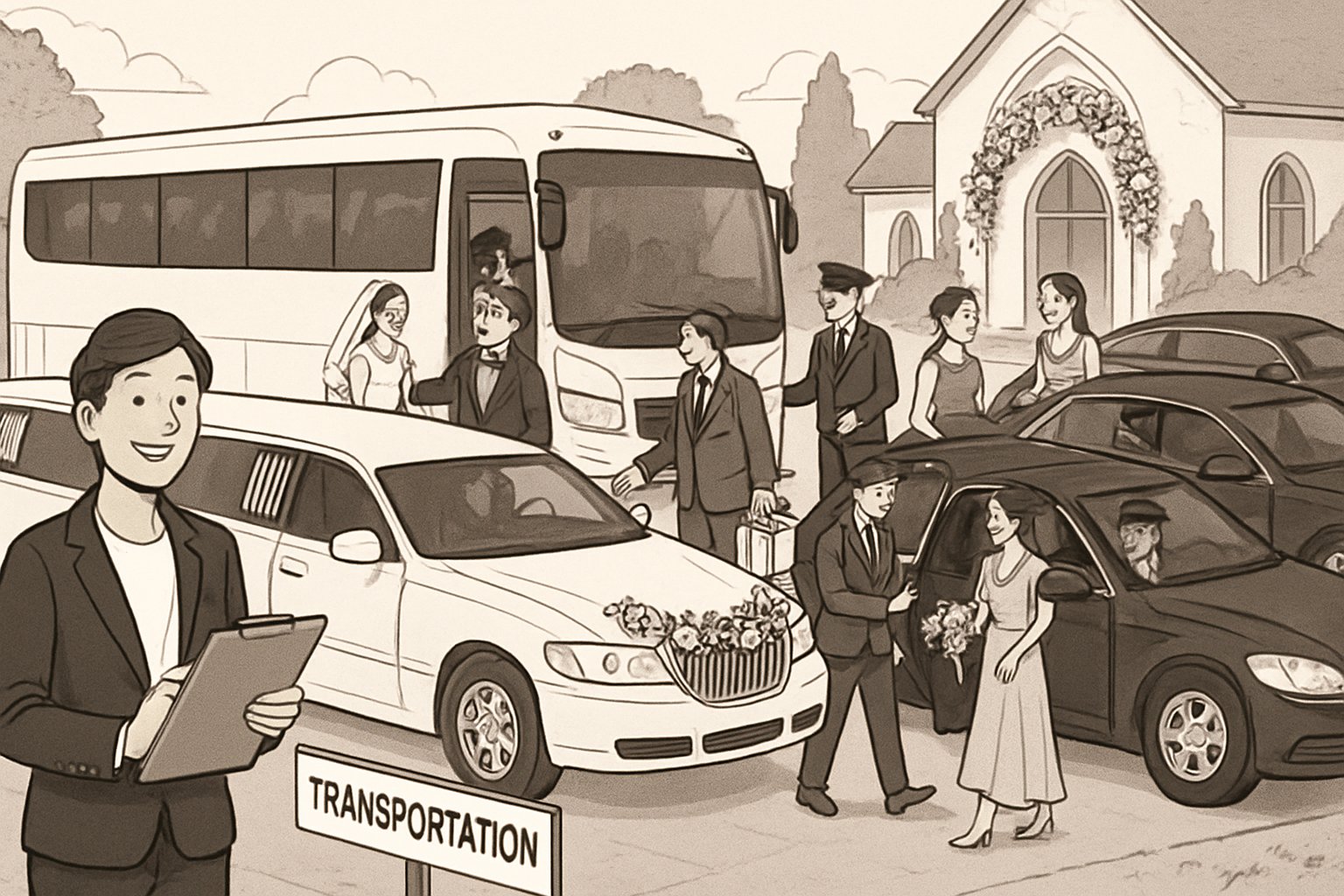 A wedding coordinator organizing transportation as the bridal party and guests board limousines and shuttle buses outside a decorated wedding venue.
