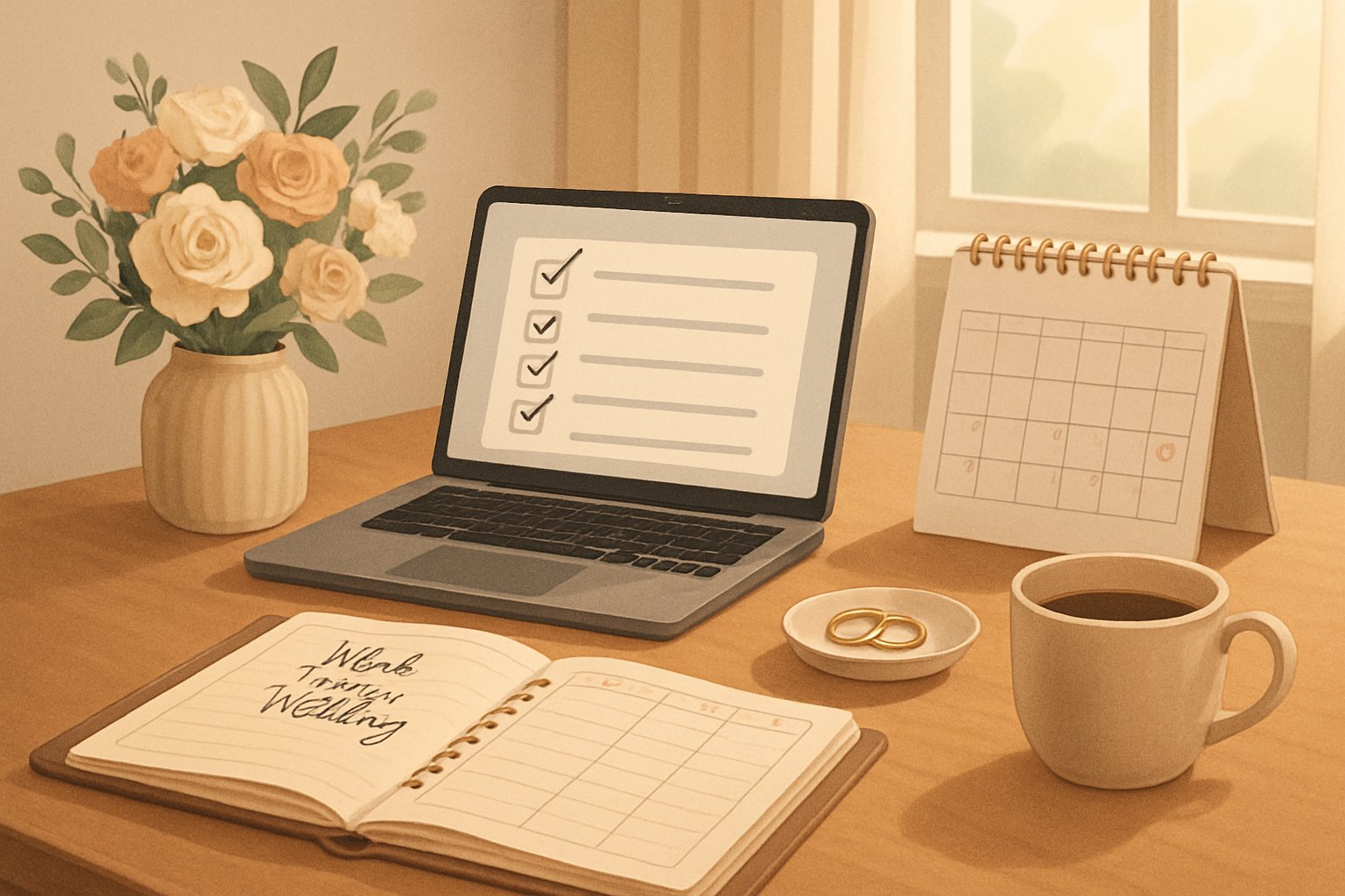 A tidy workspace with a laptop, calendar, planner, wedding rings, and flowers, symbolizing preparation for a wedding.