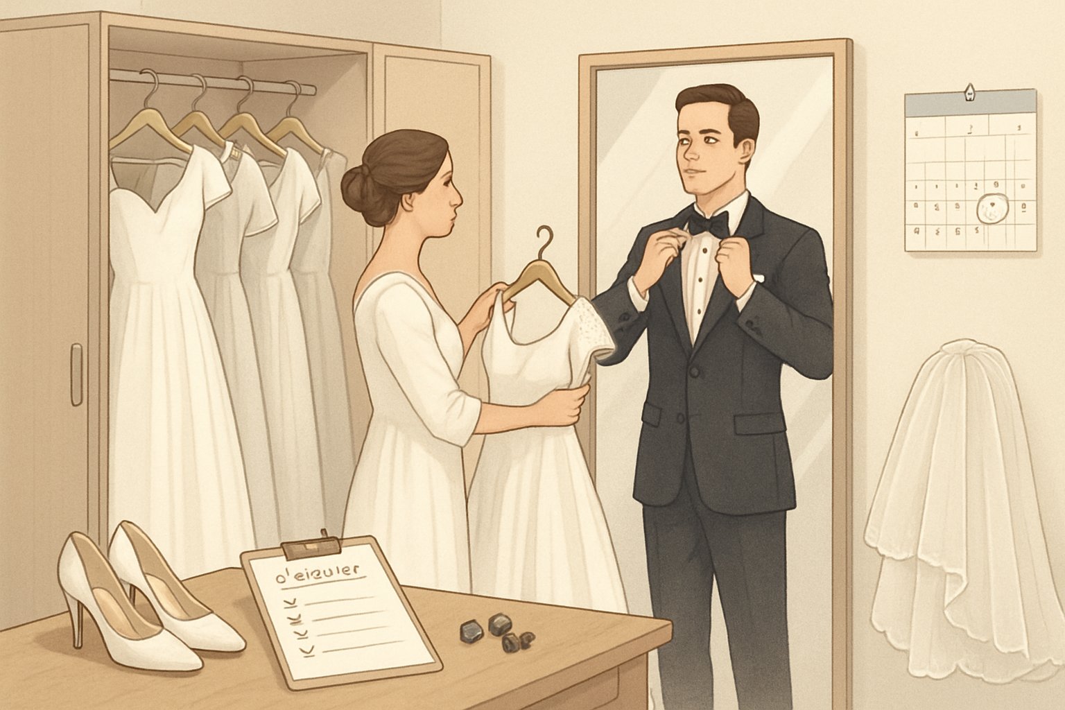 A bride and groom preparing their wedding attire in a bright room with a checklist and calendar nearby.