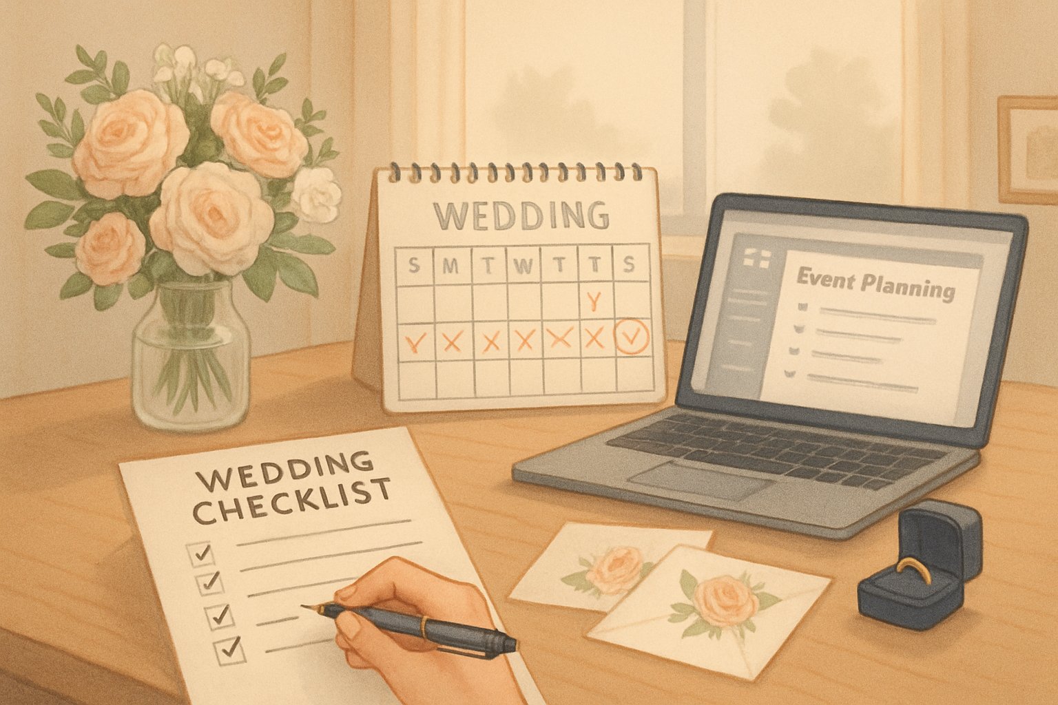 A tidy desk with a wedding checklist, calendar, laptop, flowers, and wedding items in a calm room.