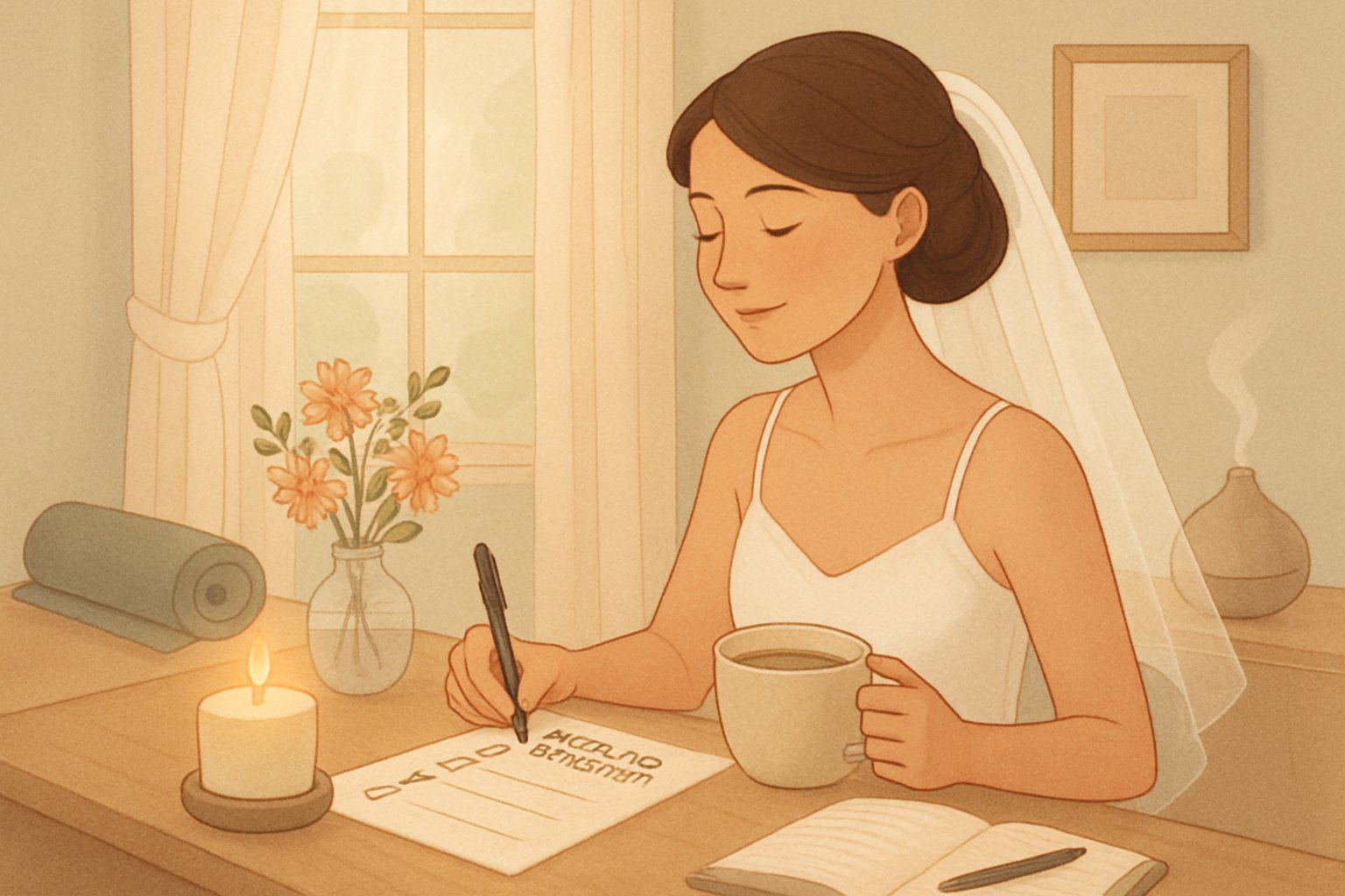 A bride-to-be calmly sitting at a desk with a checklist and tea, surrounded by self-care items like candles, flowers, and a yoga mat in a softly lit room.