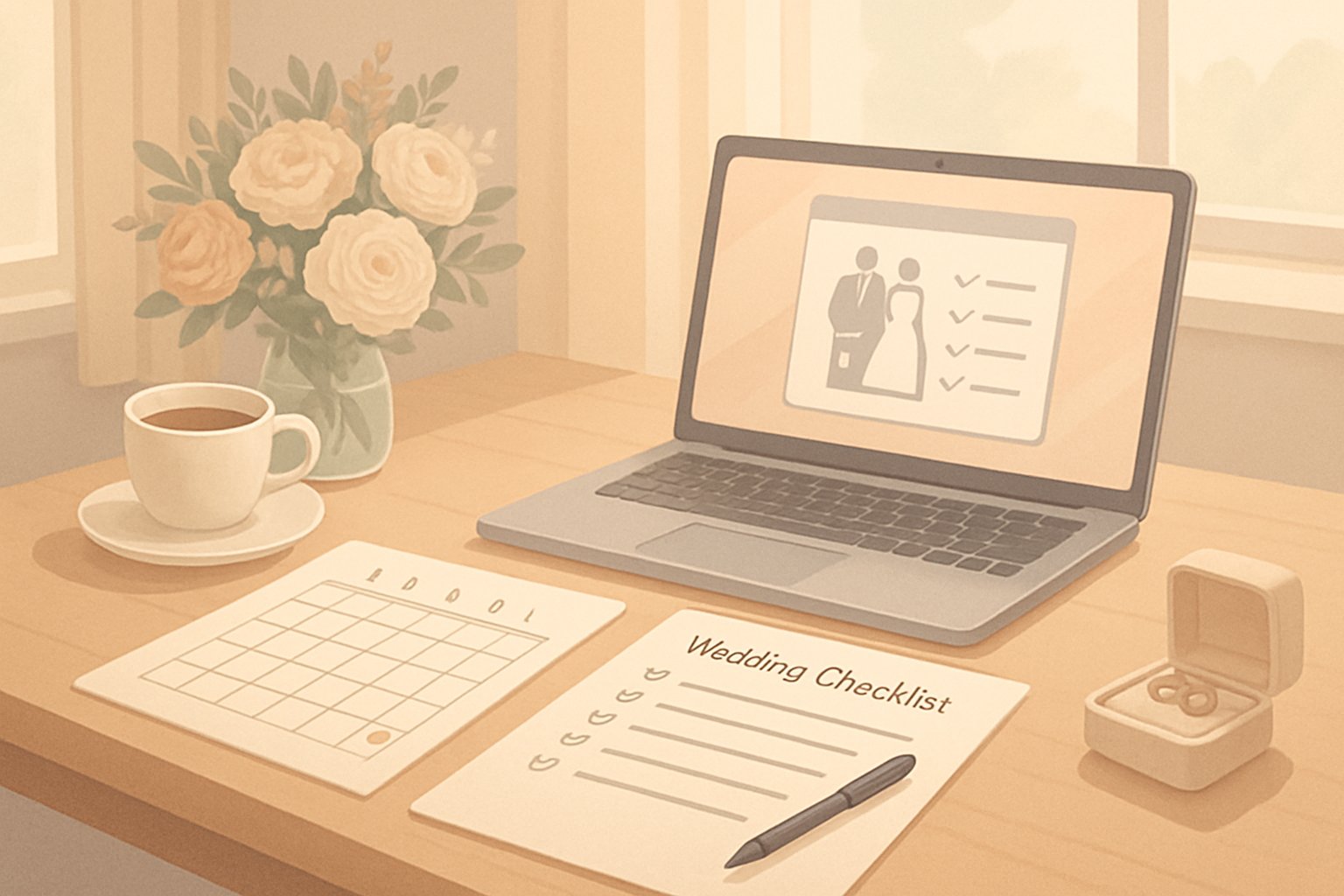 A calm workspace with a wedding checklist, calendar, laptop, and wedding items like flowers and rings, symbolizing preparation for the week before a wedding.