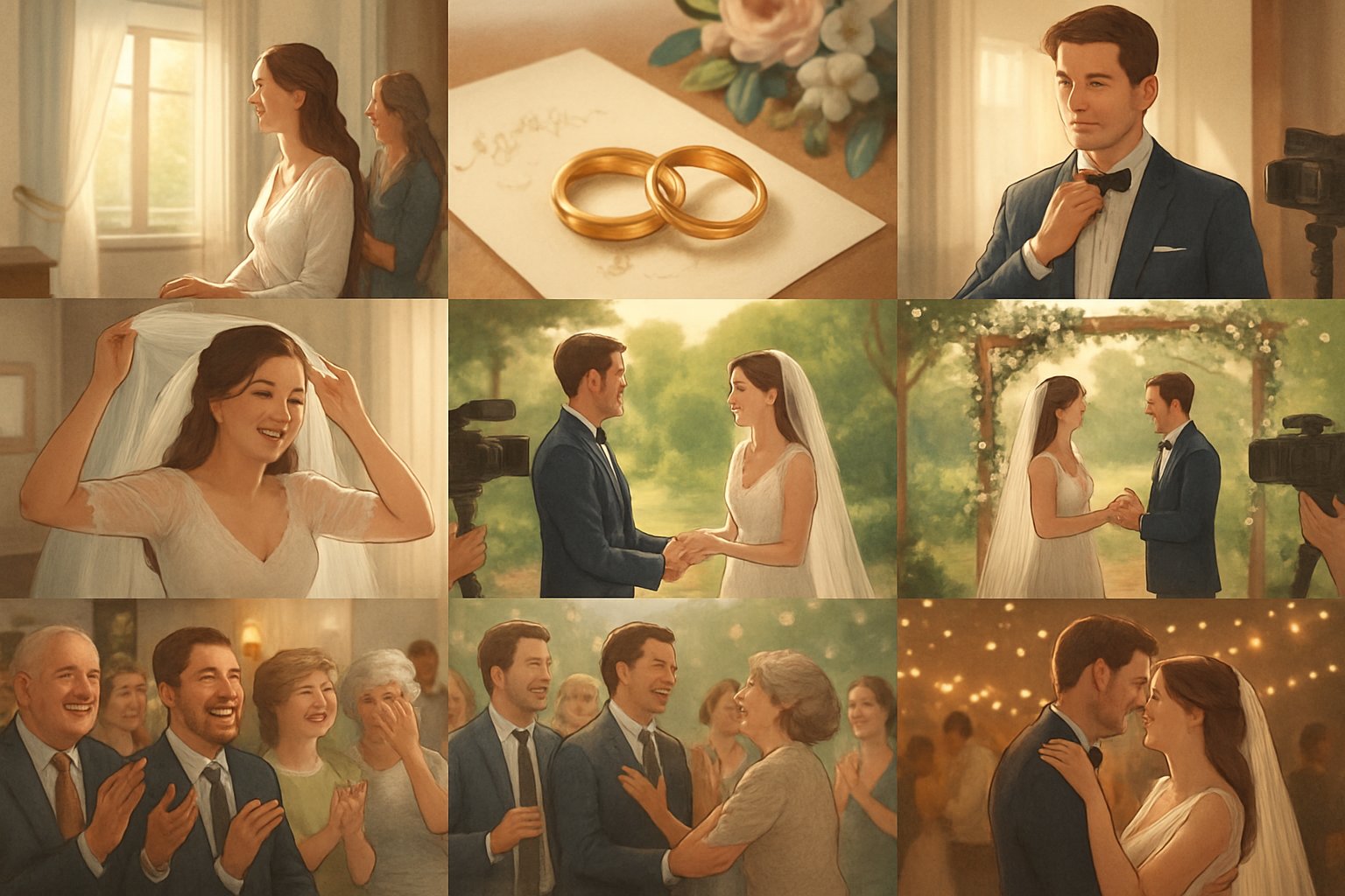 A montage of key wedding day moments including the bride and groom preparing, exchanging vows, joyful guests, and the couple's first dance.