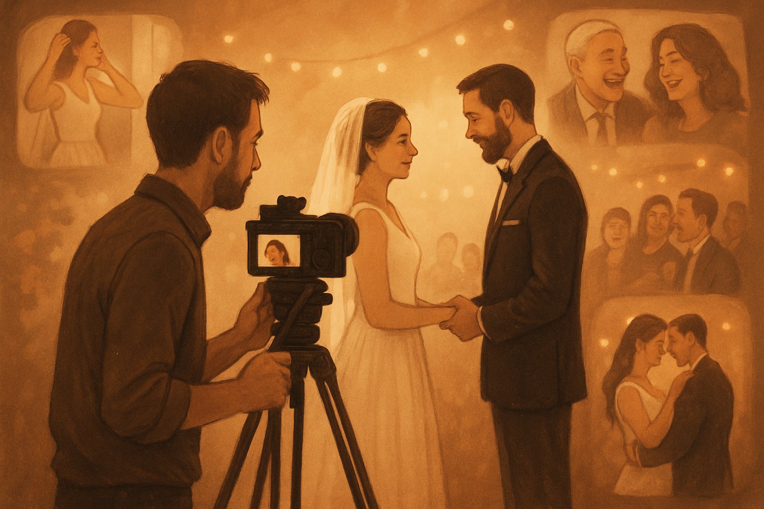 A videographer filming a bride and groom during their wedding ceremony, surrounded by moments of preparation, guests, and dancing.