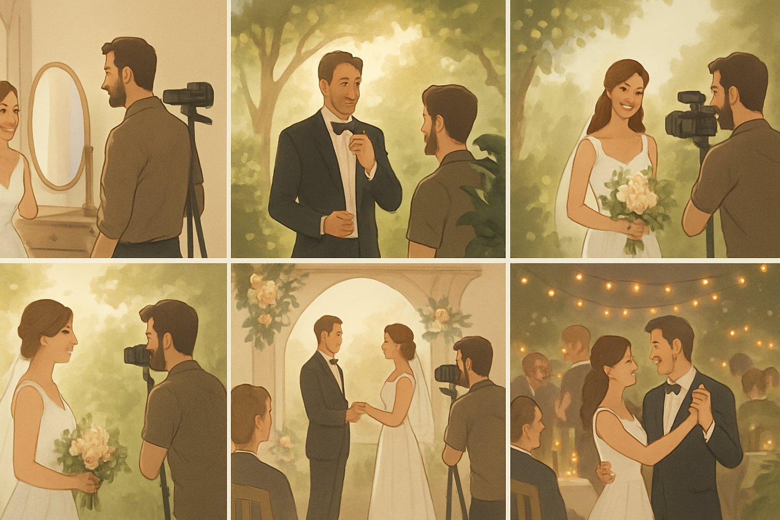 Illustration showing key moments of a wedding day including getting ready, first look, ceremony, reception, and send-off, with a videographer capturing the events.