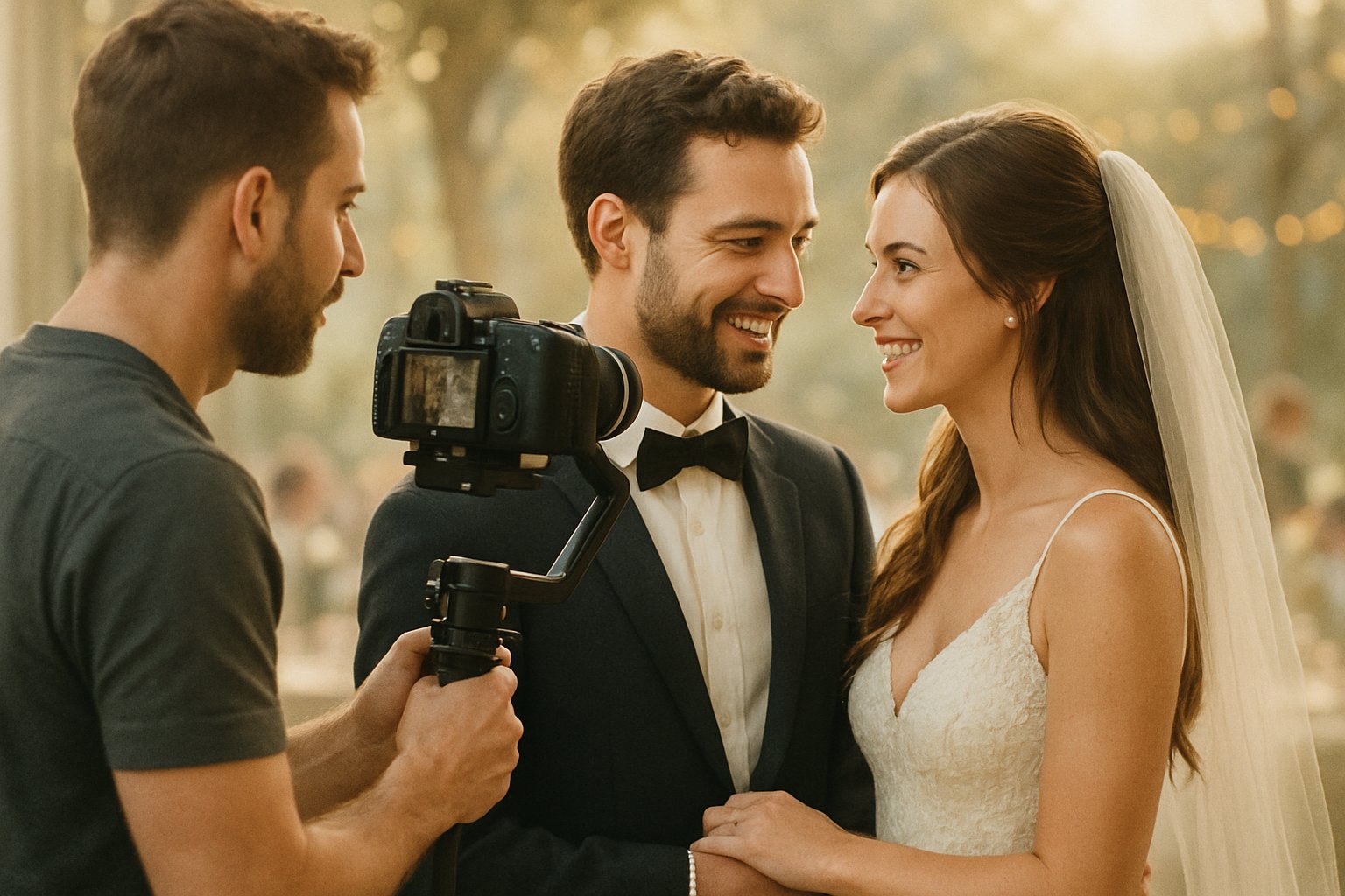 A videographer filming a bride and groom sharing a tender moment during their wedding day.