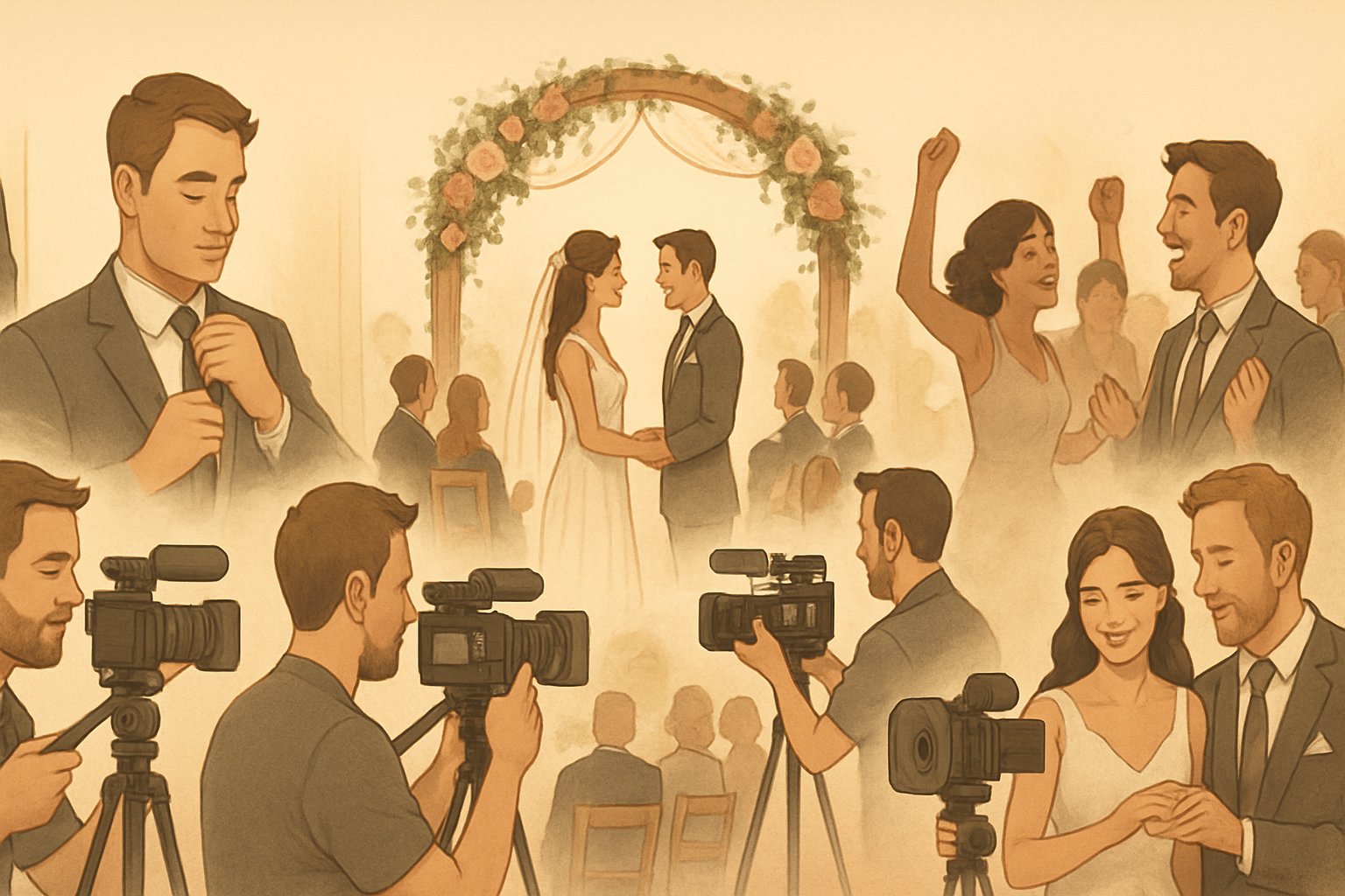 A series of scenes showing a wedding day from morning preparations to ceremony and reception, with videographers capturing key moments.