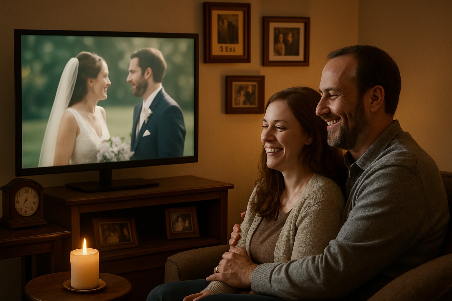 A couple sitting on a couch watching their wedding video on a screen in a cozy living room decorated with photos and a clock.