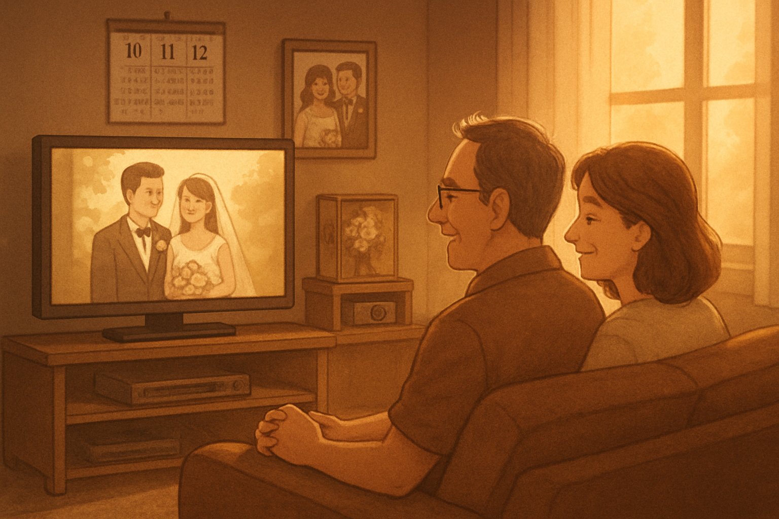 A couple sitting on a sofa watching their wedding video together in a cozy living room filled with wedding memories and warm light.