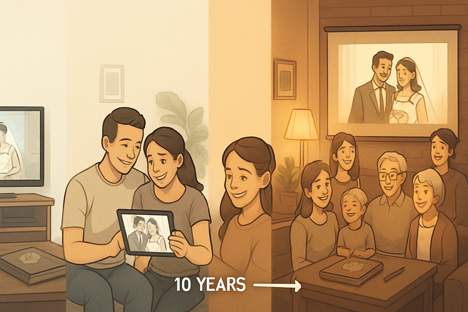 A timeline showing a couple watching their wedding video at different life stages: just married, with a child, and with extended family over ten years.