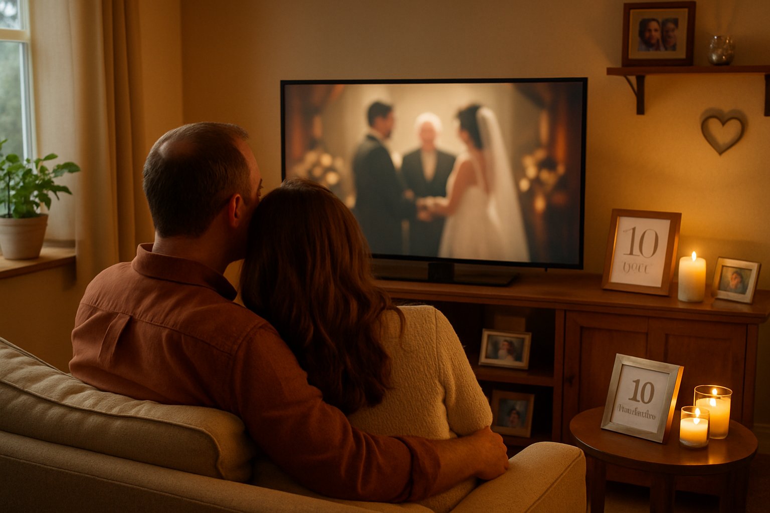 A couple sitting together on a sofa watching their wedding video in a cozy living room filled with photos and anniversary decorations.