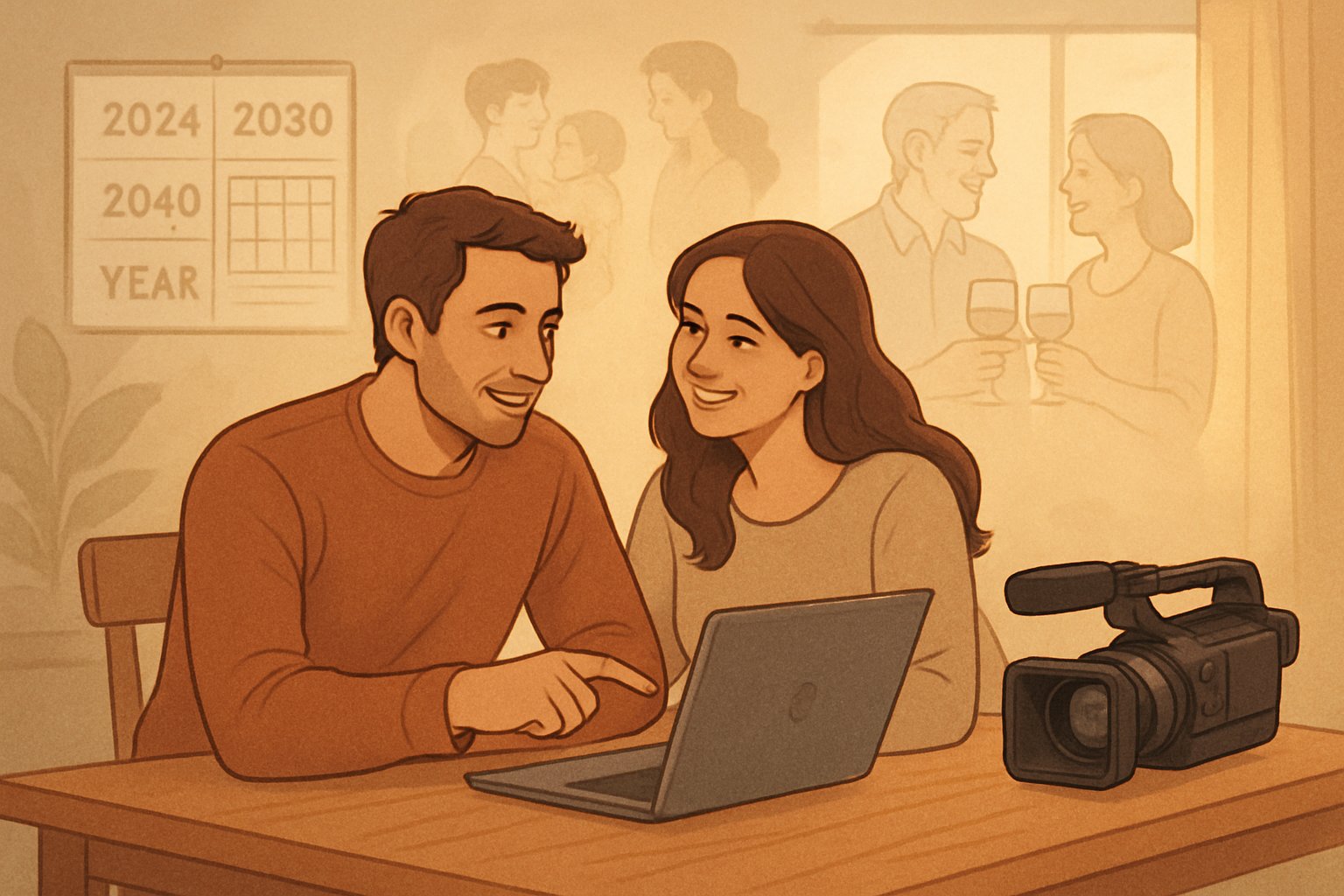 A couple sitting at a table discussing wedding video options with a laptop and camera, surrounded by images representing their life over ten years.