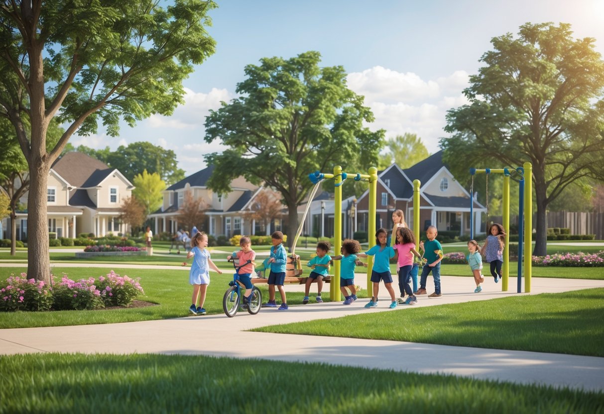 Children playing and reading together in a green park with family homes in the background.