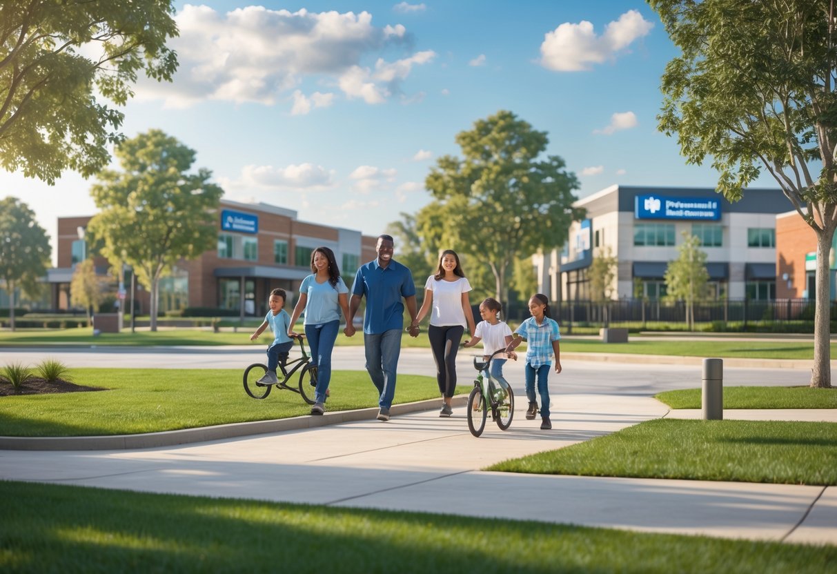 A diverse family enjoying outdoor activities in a sunny suburban park with healthcare buildings and local businesses in the background.