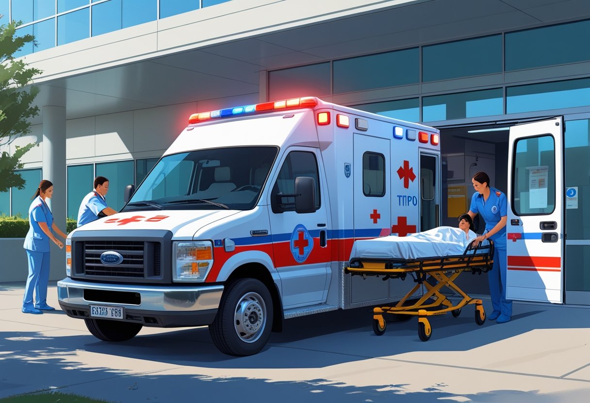 Uma ambulância Tipo B estacionada em frente à emergência de um hospital, com paramédicos atendendo um paciente em uma maca.