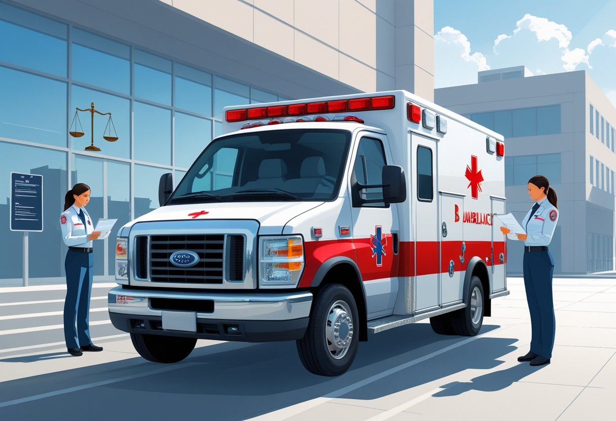 Uma ambulância tipo B estacionada em frente a um prédio oficial, com paramédicos ao lado revisando documentos, representando legislação e regulamentação.