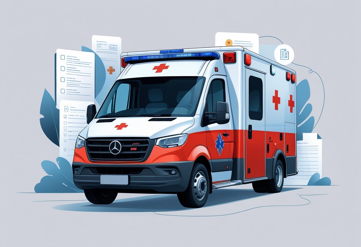 Ilustração de uma ambulância tipo B em destaque, mostrando detalhes do veículo e elementos visuais que remetem à legislação e regulamentação.
