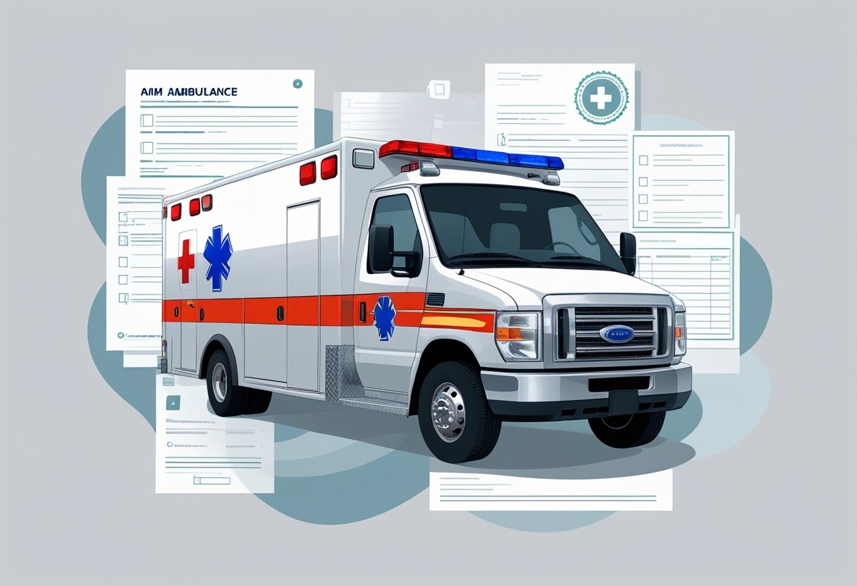 Uma ambulância tipo B em destaque com elementos visuais que representam documentos e regulamentos ao redor, em um ambiente institucional.