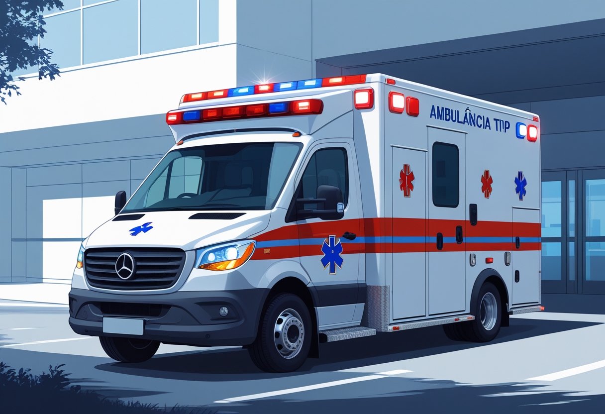 Ambulância Tipo D estacionada em frente a um hospital, pronta para atendimento emergencial.