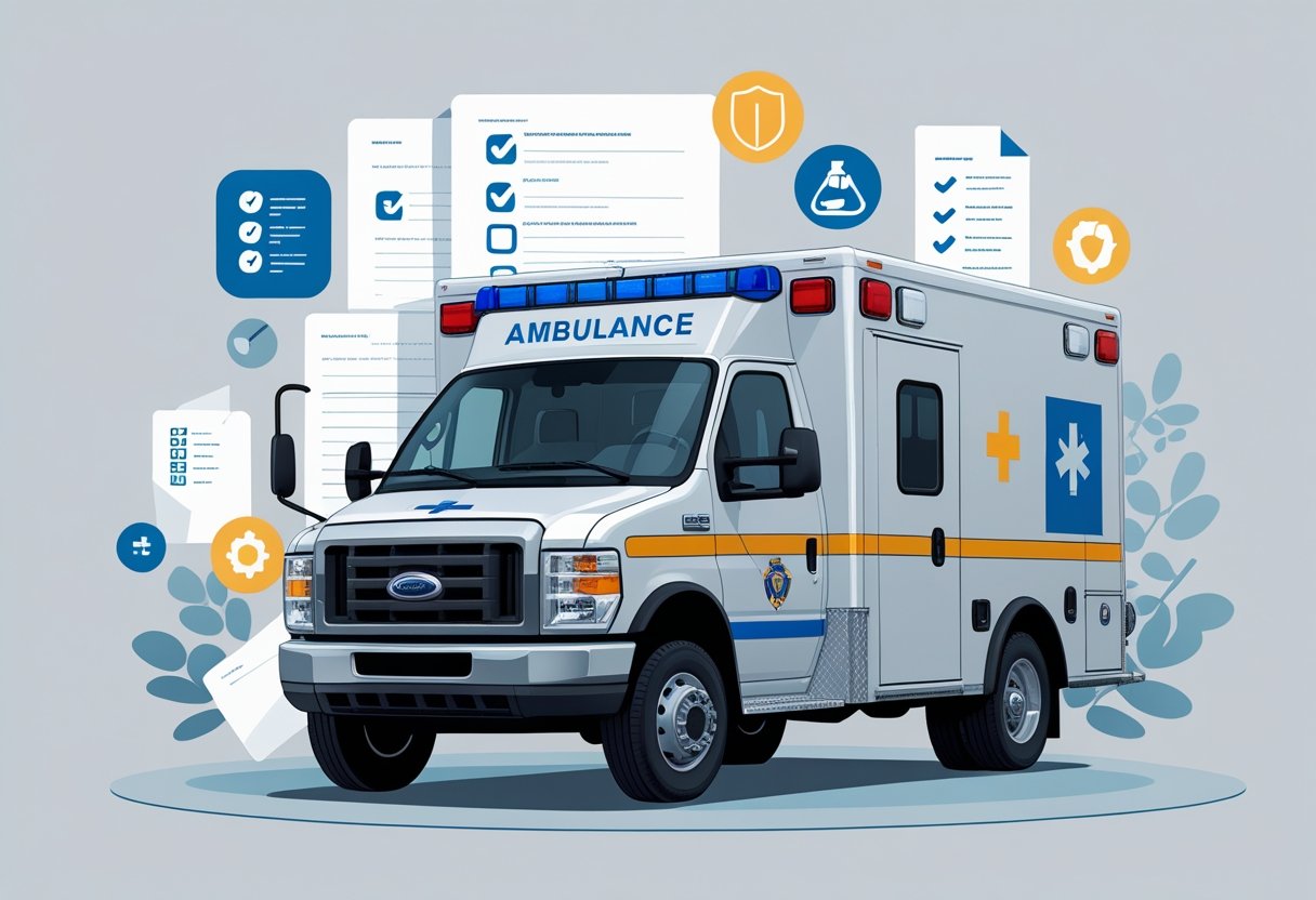 Ilustração de uma ambulância tipo D em destaque, com símbolos representando normas e regulamentações ao redor.
