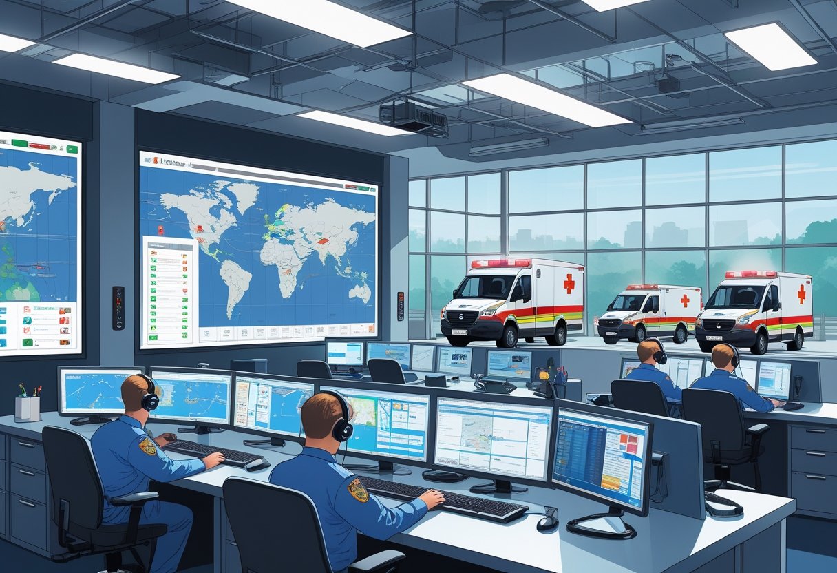Centro de despacho de ambulâncias com operadores coordenando chamadas de emergência em frente a monitores e ambulâncias prontas ao fundo.