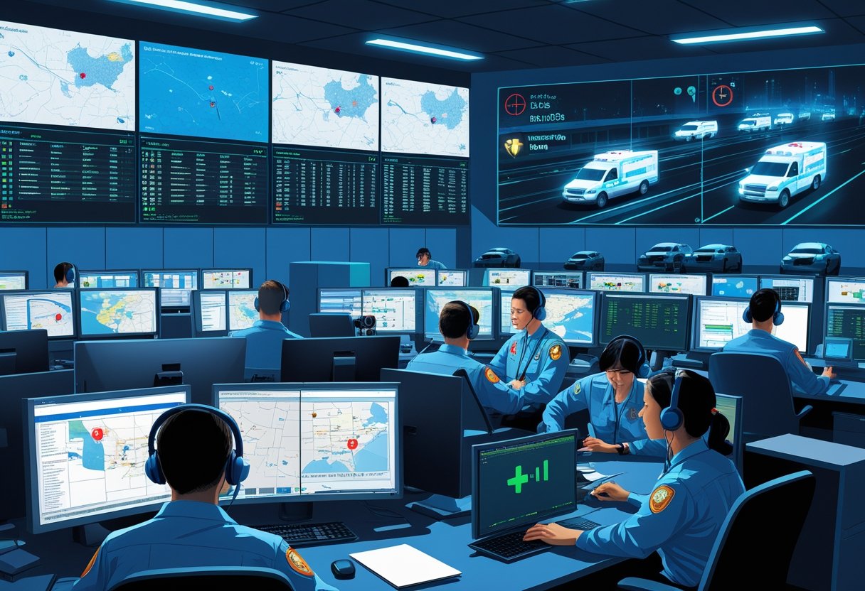 Sala de controle de uma central de ambulância com operadores usando headsets, monitores mostrando mapas e localização de ambulâncias, e uma tela digital grande com rastreamento em tempo real.