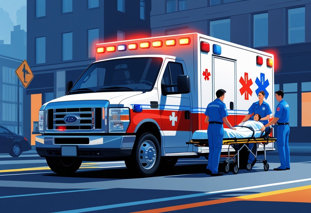 Uma ambulância com luzes piscando estacionada na rua enquanto paramédicos atendem um paciente em uma maca.