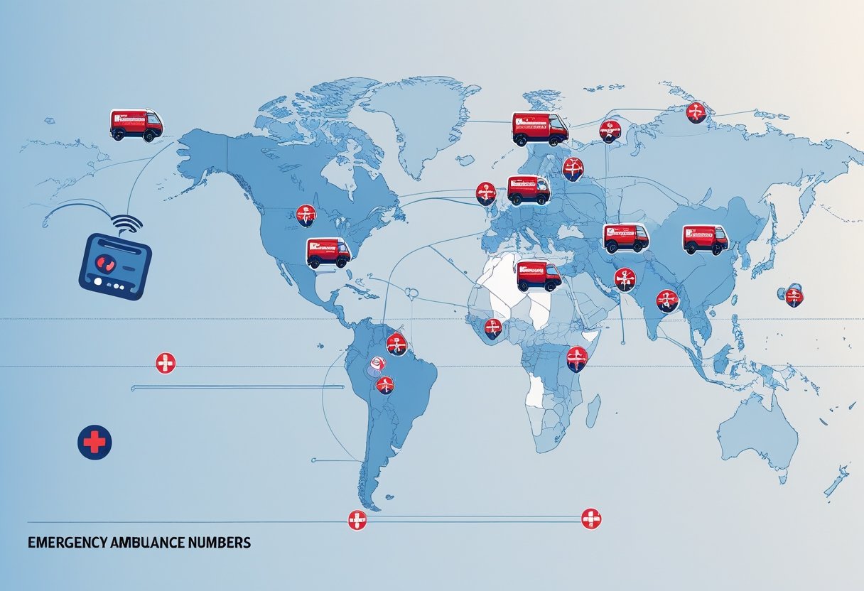 Mapa da América Latina com destaque para o Brasil, mostrando ícones de ambulâncias em vários países, simbolizando números de emergência para ambulâncias.