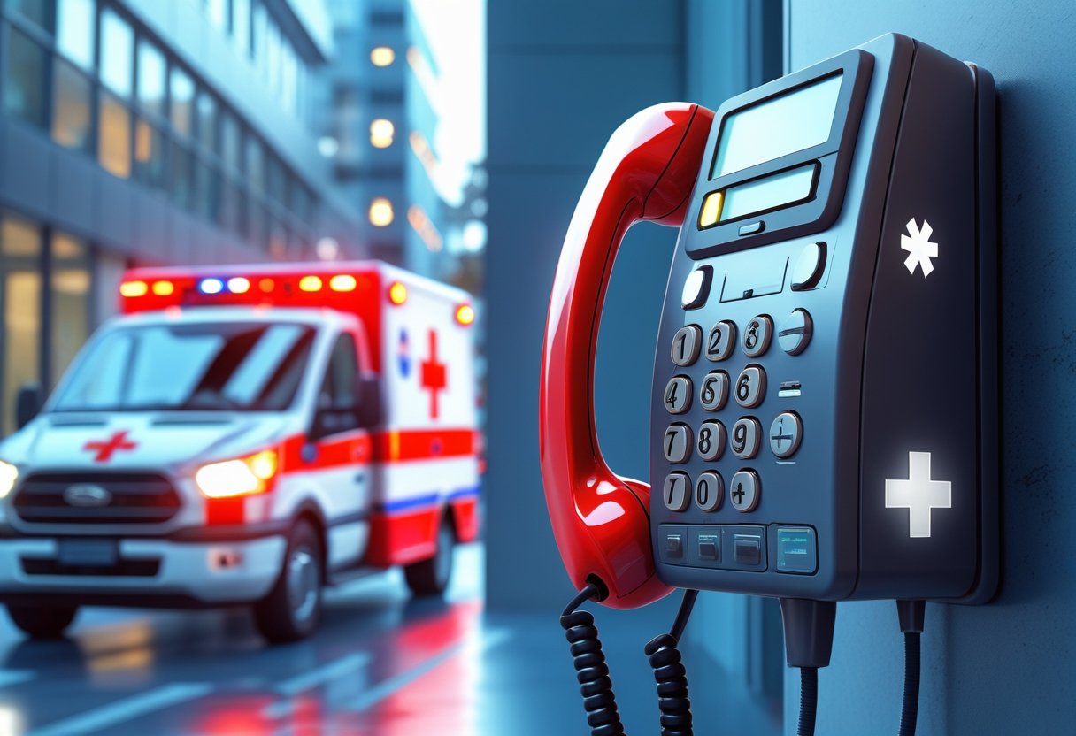 Telefone de emergência vermelho montado na parede com uma ambulância com luzes piscando ao fundo em uma rua da cidade.