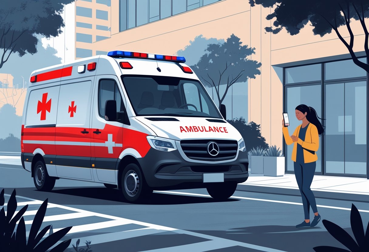 Ambulância estacionada em uma rua da cidade com uma pessoa usando um telefone para emergências.